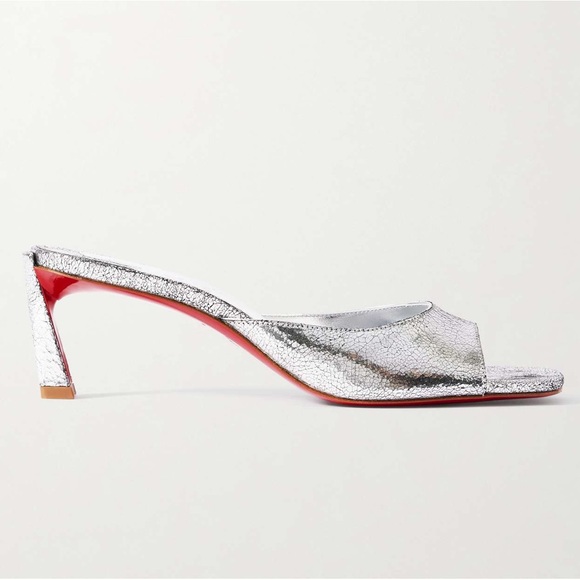 NWOB Christian Louboutin Condora 55 Metallic Cracked Leather Mules in Silver